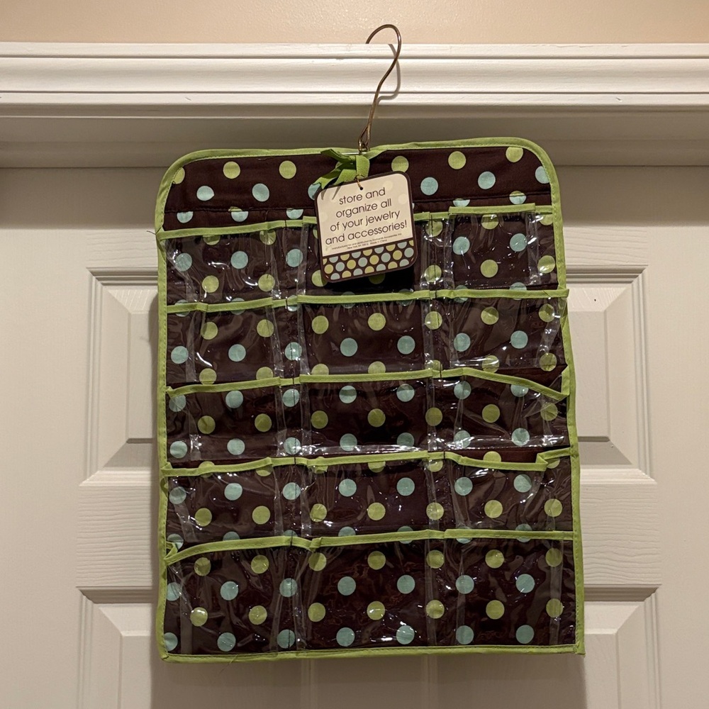 Polka Dot Hanging Jewelry Organizer - Brown with Lime Trim